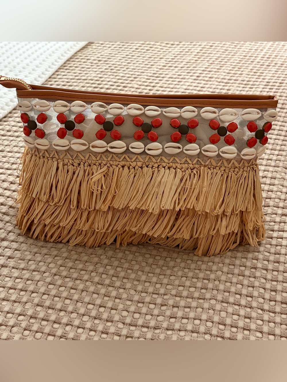 Tory Burch Raffia /Straw Fringe Clutch with Orange, White and Tan Shell Trim